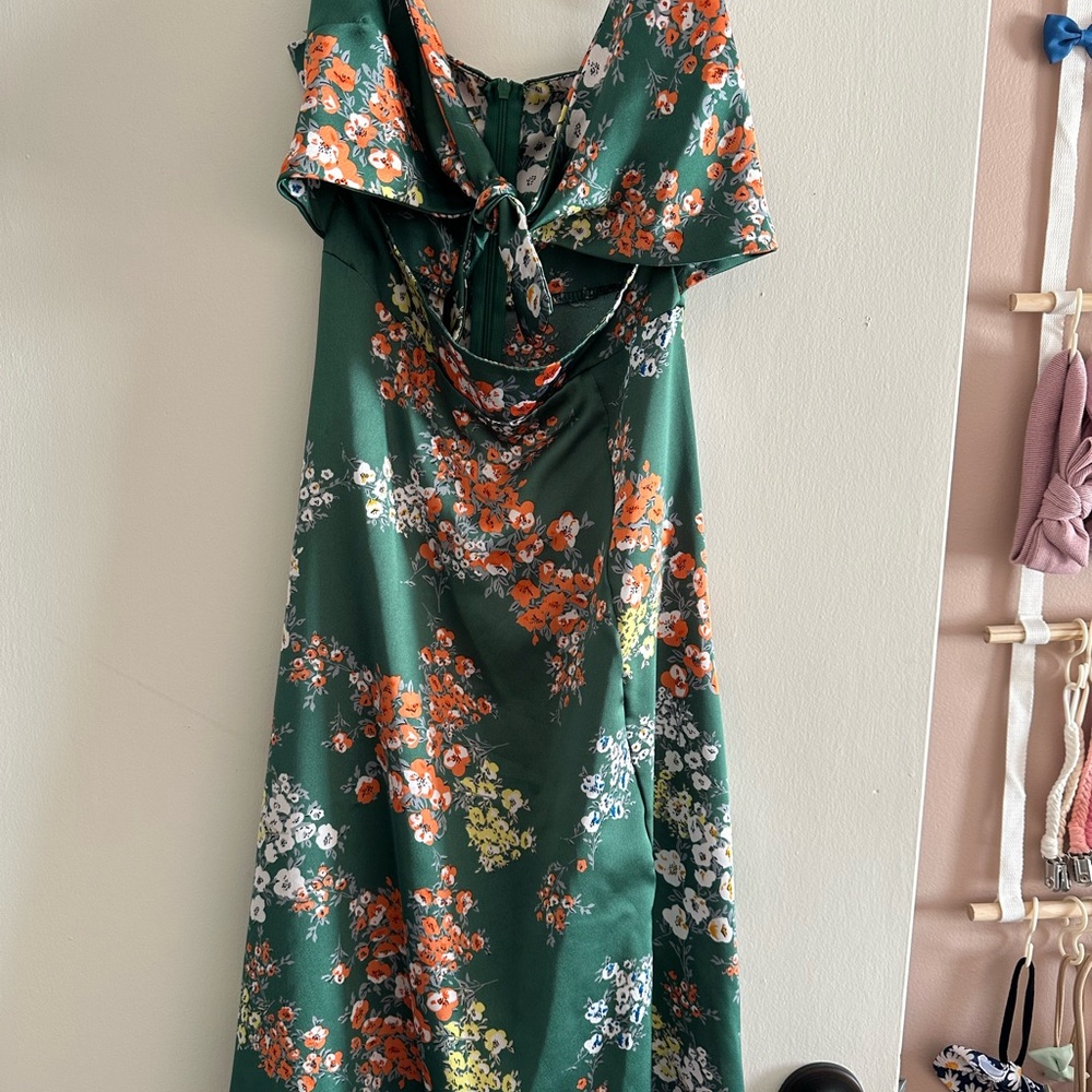 Green Maxi Dress with Cowl Neck and Floral Design